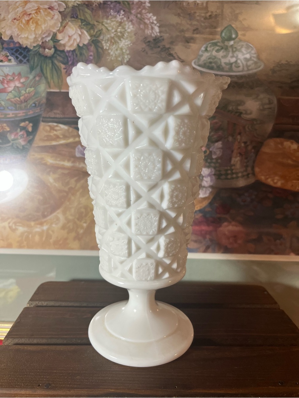 Classic White Milk Glass Pedestal Vase old quilt pattern by Westmoreland